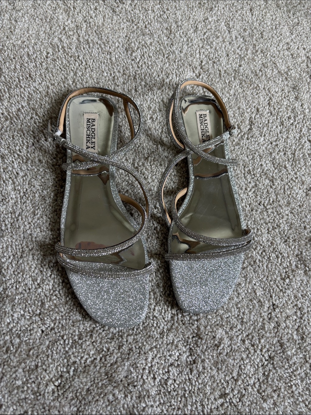 Badgley Mischka Silver Glitter Strappy Heeled Sandals
